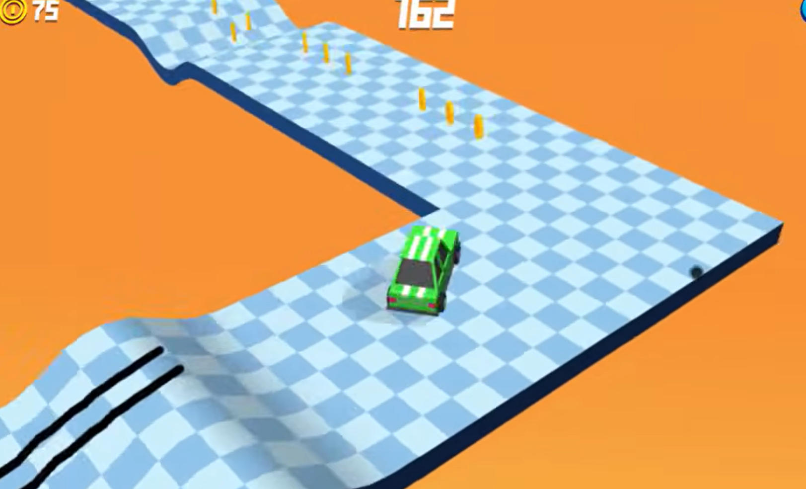 Drift Bossのゲーム画面:緑色の車で直角カーブへ進みながらコインを集める場面