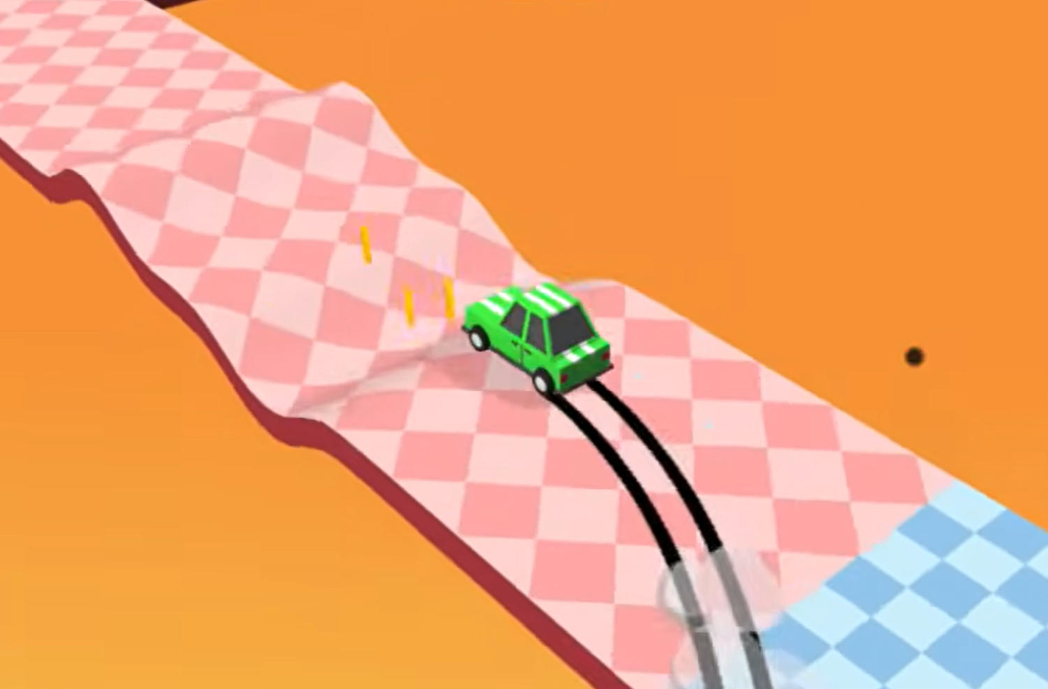 Drift Bossのゲーム画面:ピンク色の曲がったコースでコインを回収するドリフトカー
