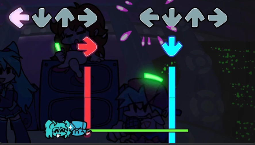 フライデーナイトファンキン VS ミクのゲーム画面: ミクとのリズムバトルに挑む場面