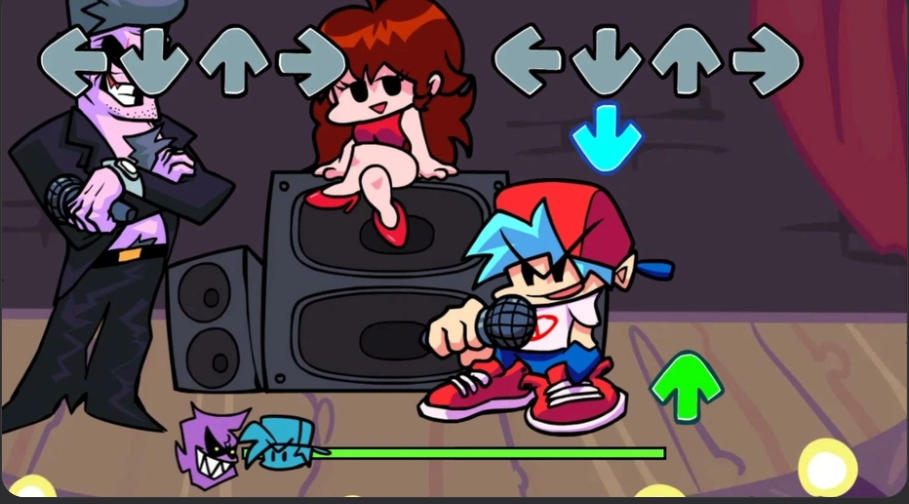 Friday Night Funkin' Classicのゲーム画面: ボーイフレンドが矢印ノーツに合わせてラップバトルをする場面