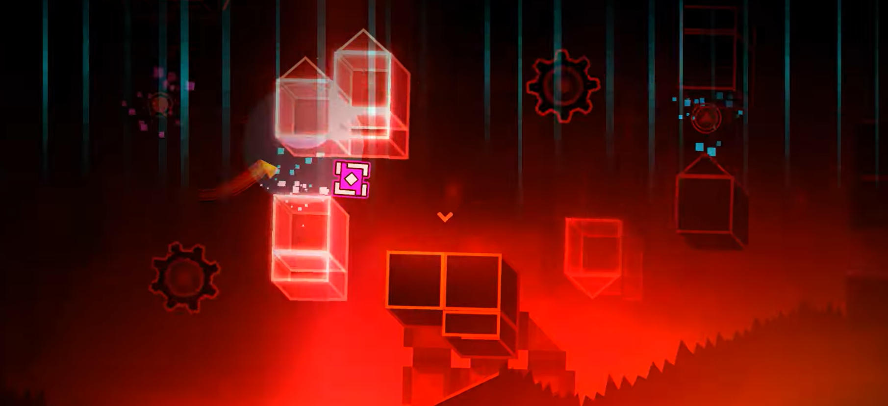 Geometry Dash Infinityのプレイ画面:障害物とトラップが迫る