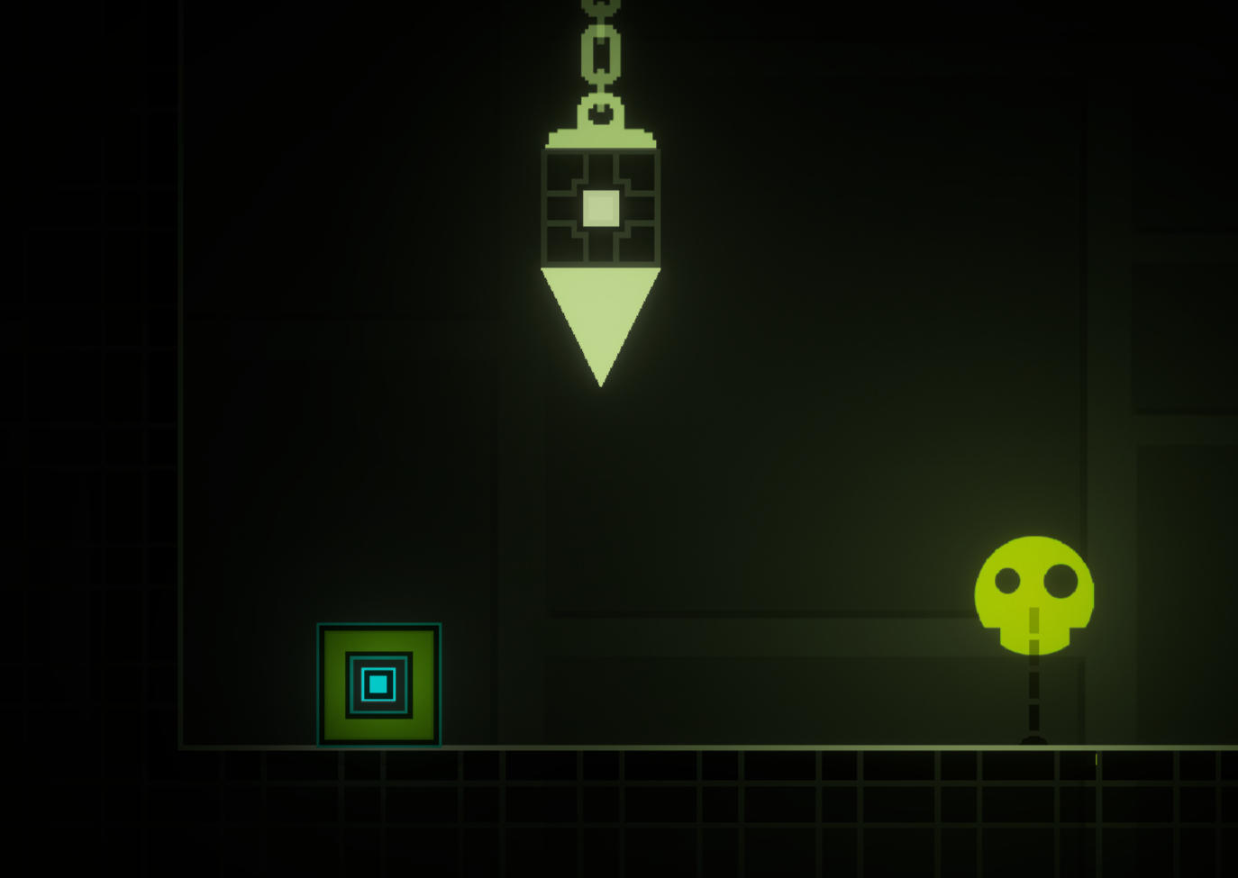 ジオメトリープラットフォーマー(Geometry Platformer)のゲーム画面: ネオンの足場でキューブを動かし、トゲや穴を避ける無料アクション