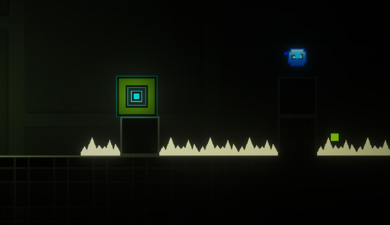 ジオメトリープラットフォーマー(Geometry Platformer)のゲーム画面: 振り子トラップと幾何学障害物を避ける高速ブラウザゲーム
