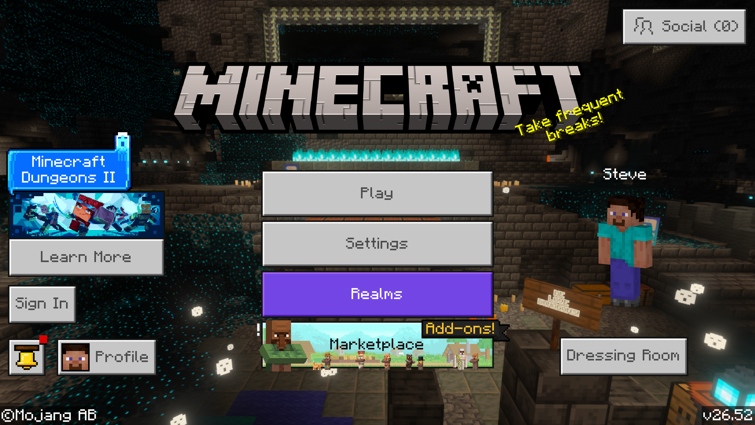 画面右下にv26.52と表示されたMinecraftのタイトル画面