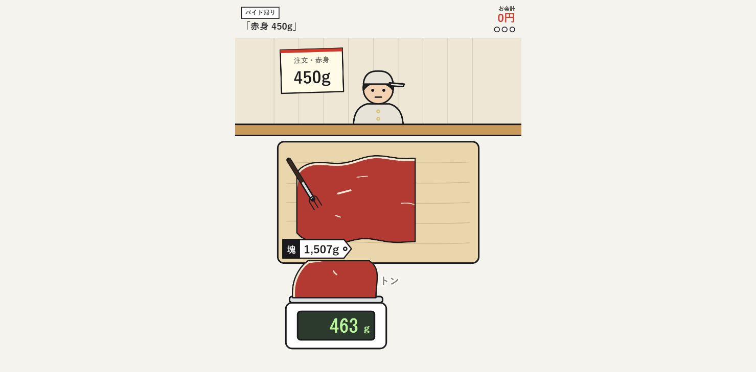 ニクキリで右寄りを縦に切ったあと、秤に463g、残った肉に1507gが表示された画面