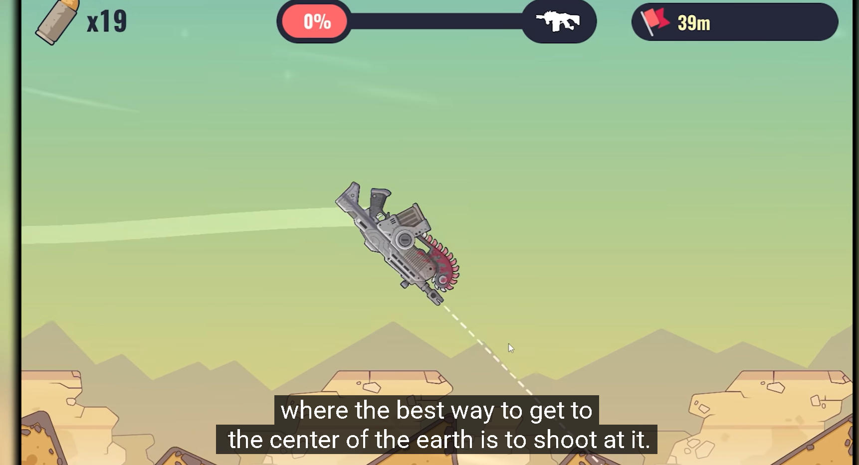 Gunspin(ガンスピン)のゲーム画面: 銃の反動で砂漠を遠くまで飛ばすシューティングゲーム