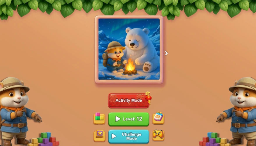 Hamster Block Blast(ハムスター・ブロックブラスト)のゲーム画面:ハムスターが案内するモード選択画面