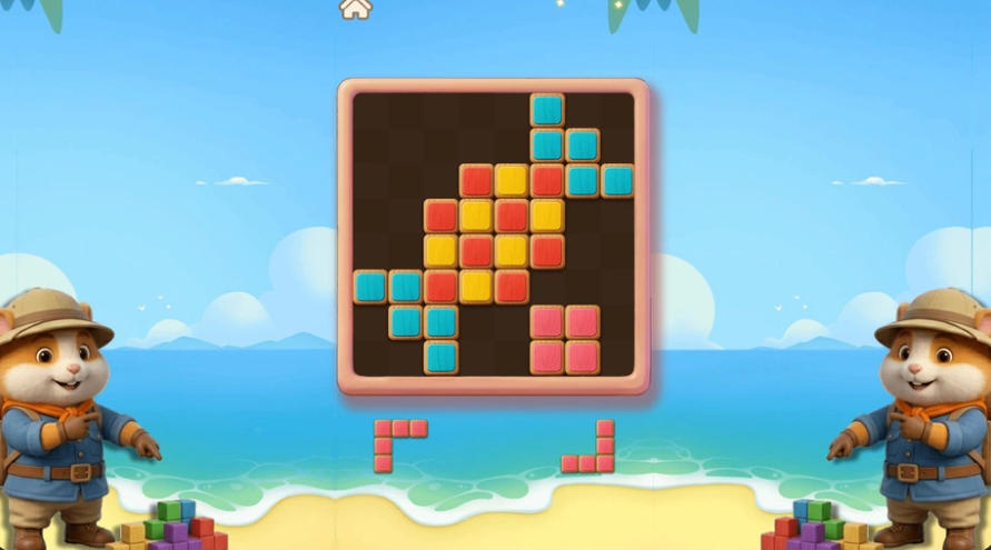 Hamster Block Blast(ハムスター・ブロックブラスト)のゲーム画面:カラフルなブロックを盤面へ配置するライン消しパズル