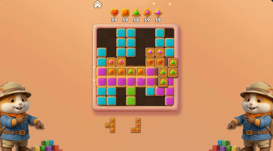 Hamster Block Blast(ハムスター・ブロックブラスト)のゲーム画面:図柄付きブロックをそろえてコンボを狙う場面