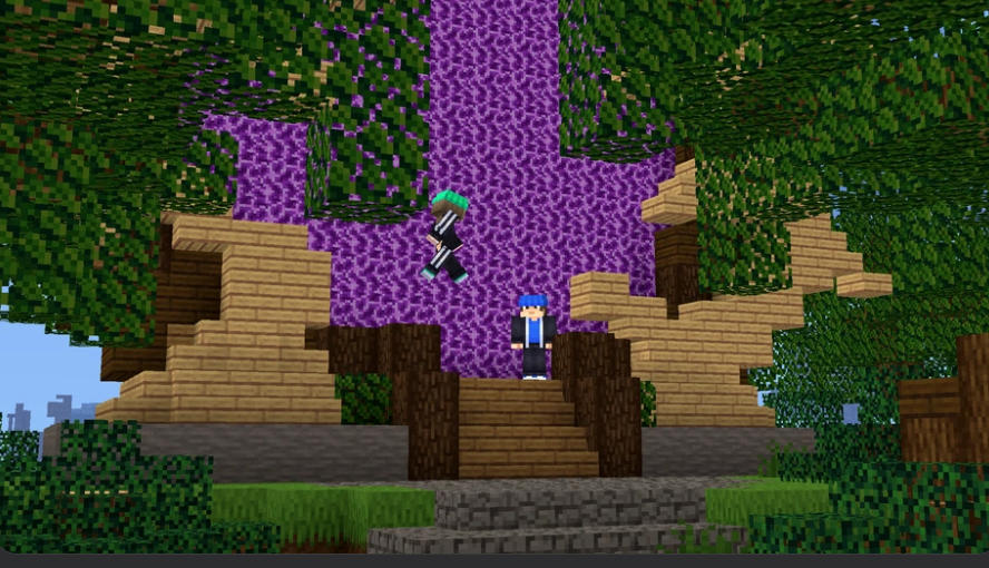 Parkour Onlineで2人のプレイヤーが木と紫色のブロックに囲まれたマップを探索する画面