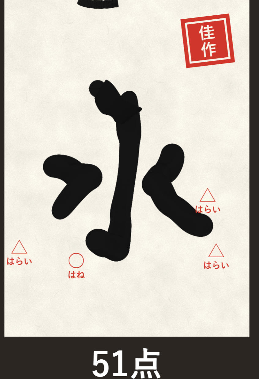 書いた文字の点数ととめ・はね・はらいの評価画面