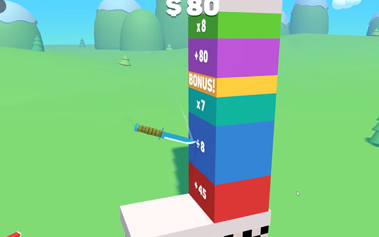 Slice Masterのプレイ画面:空中で回転しながらアイテムを切り裂くナイフ