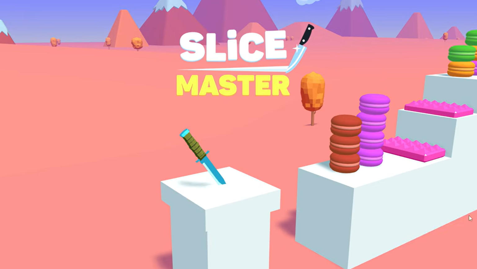 Slice Masterのプレイ画面:ゴールで高倍率の報酬を狙ってナイフを投げる
