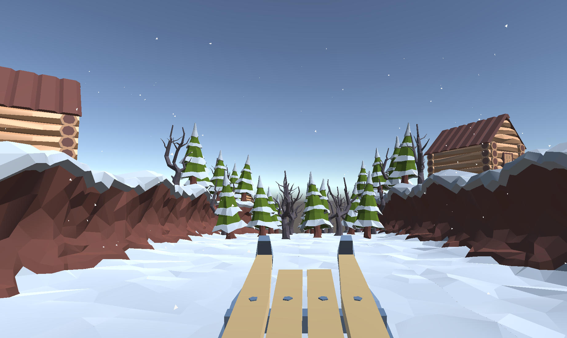 Snow Rush 3Dのゲーム画面: 雪道をそりで滑りながら障害物を避ける3Dアクション