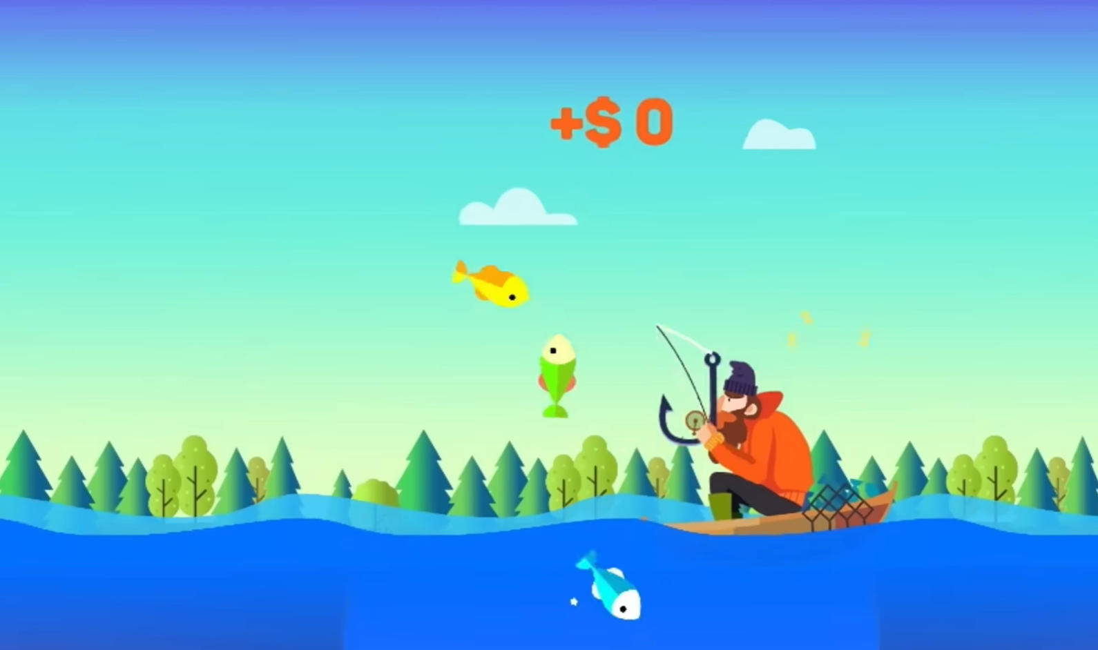 Tiny Fishing(タイニーフィッシング)のゲーム画面: 釣り糸を左右に動かして魚を釣り上げる無料釣りゲーム