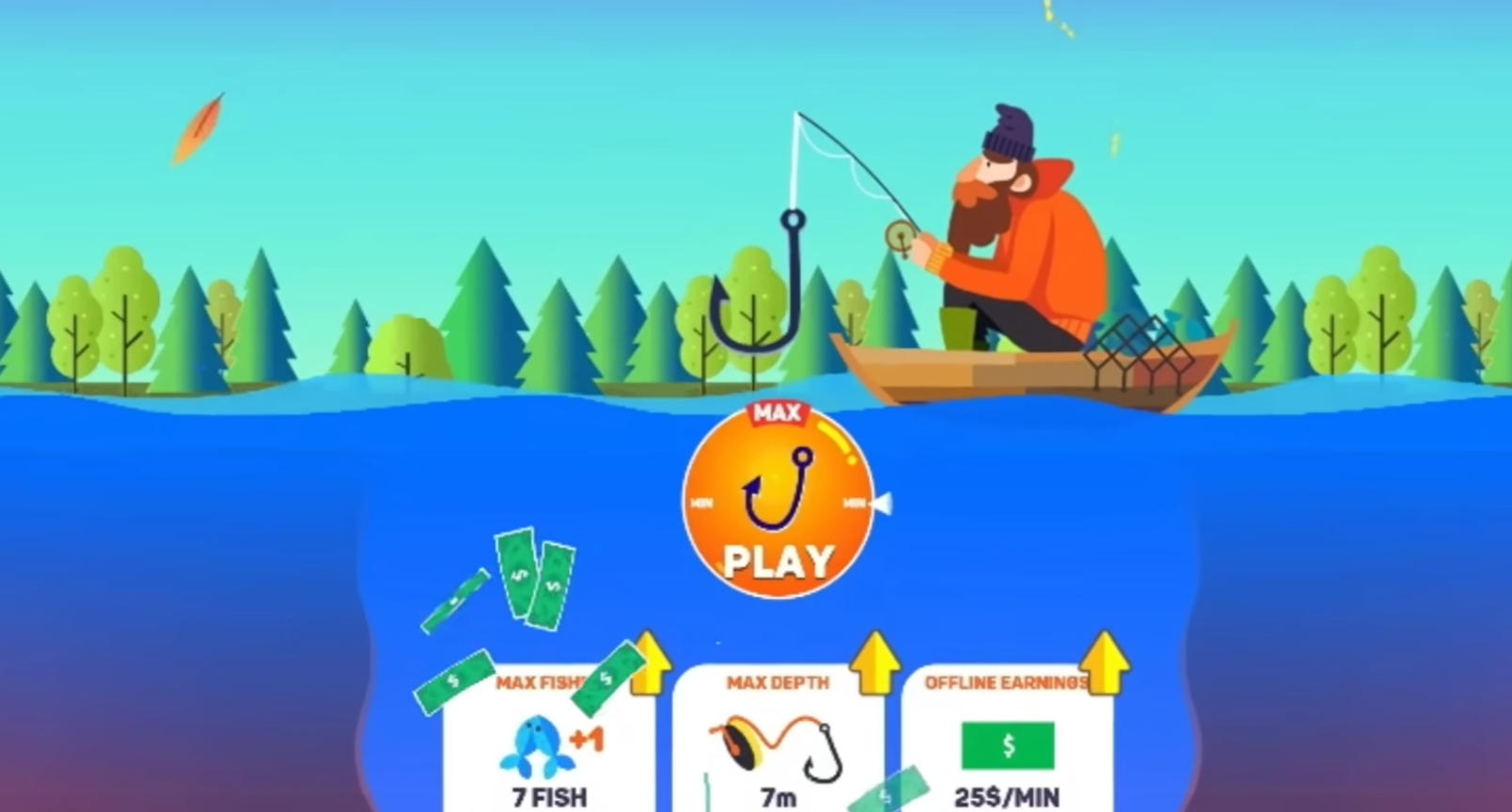 Tiny Fishing(タイニーフィッシング)のゲーム画面: 深く潜ってレアな魚や高価な海の生き物を集める場面