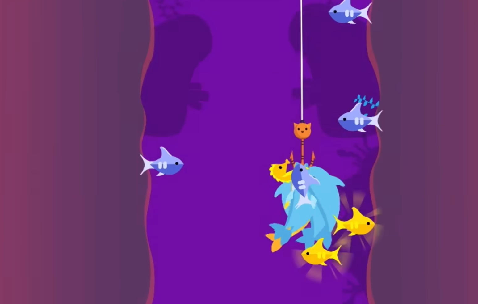 Tiny Fishing(タイニーフィッシング)の攻略画面: コインで釣り糸やオフライン収益をアップグレードする場面